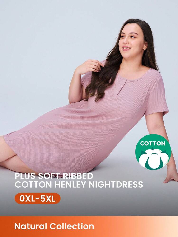 Vestido de Pijama de Algodão Macio Plus Size Estilo Floresta Nebulosa Rosa, Algodão Canelado de Gola Redonda, Roupa Íntima e de Dormir Confortável em Casa, Lingerie Nupcial
