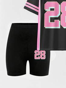 Conjunto de camiseta y pantalones cortos de ciclista con estampado gráfico de número 13 y eslogan, de moda casual para mujer - Multicolor 8 - Ver 5