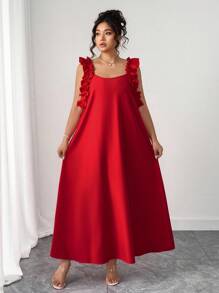 SHEIN PETITE Váy maxi cổ vuông không tay viền bèo màu trơn thanh lịch dành cho nữ cỡ lớn mùa Giáng sinh, mùa hè - Đỏ - Xem 7