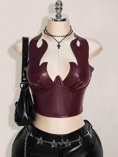 SHEIN ICON Plus Size PU Flame Print Top, Carnival Costume, Party Wear, Halloween,Fall