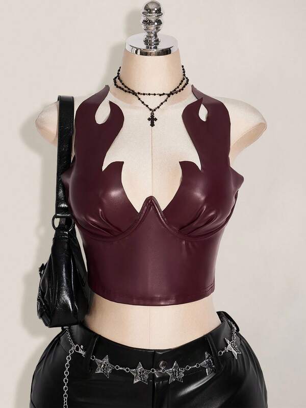 SHEIN ICON Plus Size PU Flame Print Top, Carnival Costume, Party Wear, Halloween,Fall