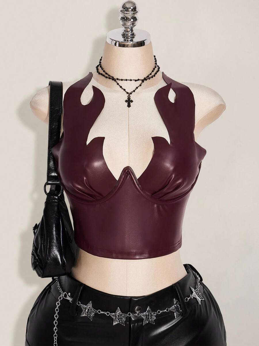 SHEIN ICON Plus Size PU Flame Print Top, Carnival Costume, Party Wear, Halloween,Fall