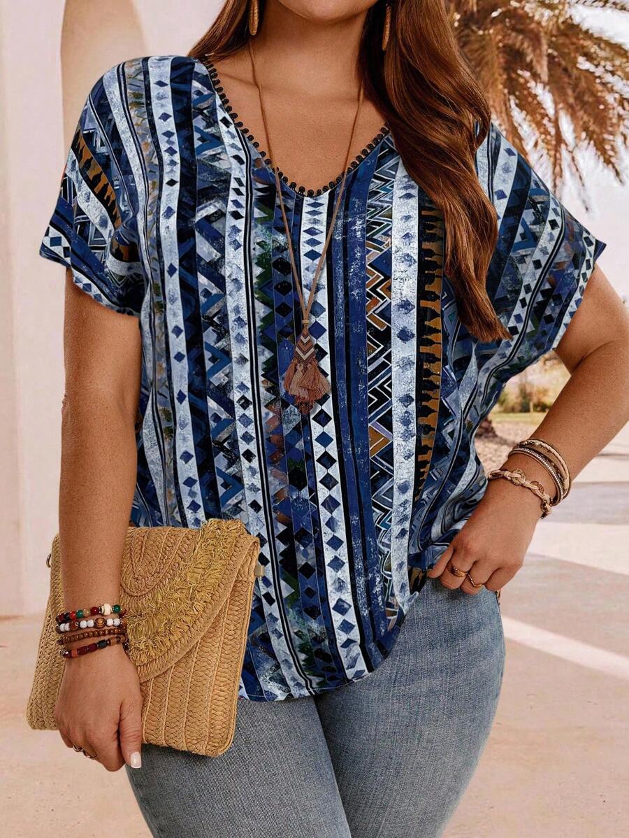 EMERY ROSE Plus Size Geometric Print Batwing Sleeve Casual Vacation Shirt,Fall Clothes For Women
