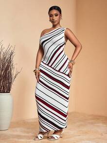 Veslaya Vestido maxi ajustado de punto asimétrico con hombros y rayas, ideal para mujer talla grande en primavera/verano 2025 - Estilo vintage, tropical, festival de música, club, viaje por carretera, casual, vacaciones en la ciudad, graduación, vacaciones elegantes - B - Blanco y Negro - Ver 3