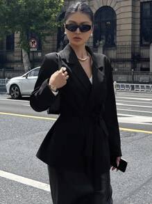 DAZY Women's Elegant Solid Color Waist Belt Blazer, Autumn Business Attire - Black - View 6