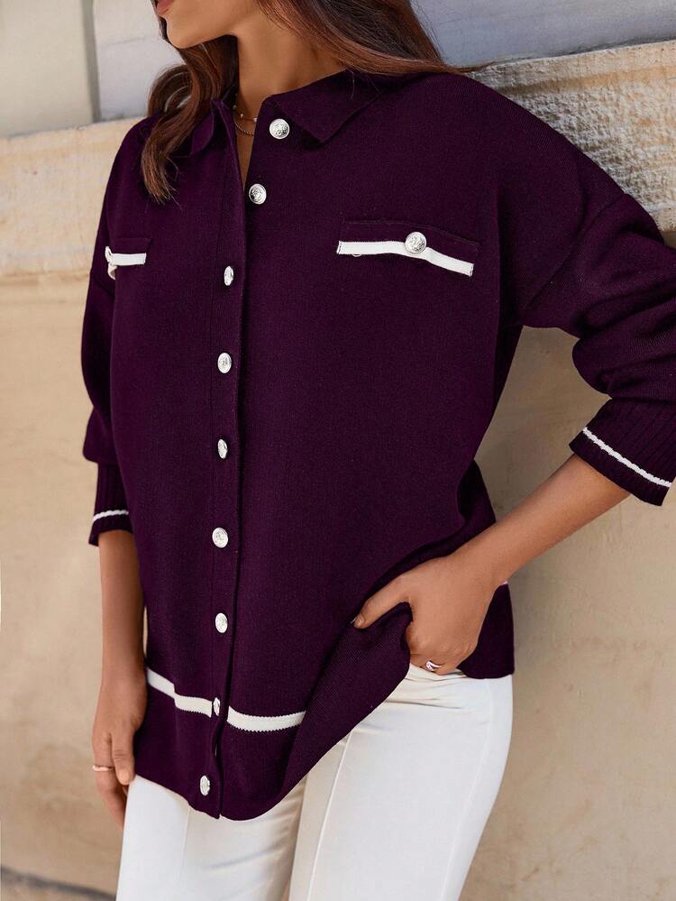 EURMUSE Casual Loose Long Sleeve Women Cardigan, Suitable For Everyday Wear,Petite Cardigans,Cardigans - Burgundy - View 5