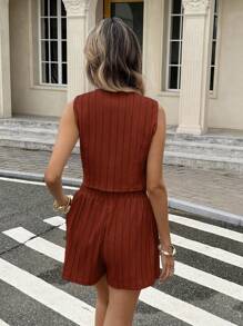 Serisse 女士秋冬条纹单排扣背心短裤套装