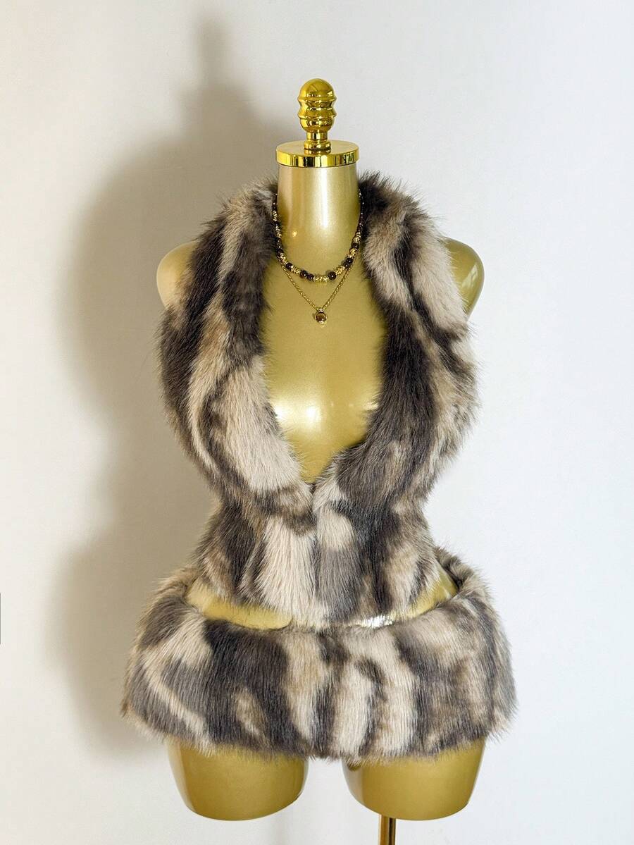 Mistrie Bộ váy ngắn lưng thấp bằng vải lông giả gợi cảm mới dành cho nữ, phù hợp cho lễ Halloween, tiệc tùng và tụ tập. - màu nâu - Xem 1