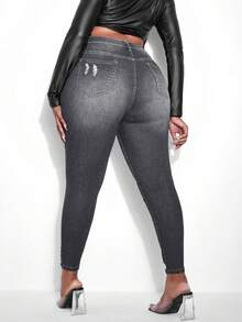 SHEIN Cottnline Plus Size Women High Waist Pockets Distressed Skinny Casual Versatile Jeans - Grey - View 2