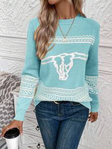 EURMUSE Runder Kragen Kontrast Farbe Ochsenmuster Lässiger bequemer Pullover Pullover für Herbst/Winter