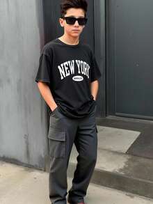 SHEIN 青少年男孩休闲刺绣运动衫和工装裤套装，舒适的学院风百搭柔软面料，适合日常穿着、上学、旅行、户外运动、所有季节 - 灰色 - 查看 13