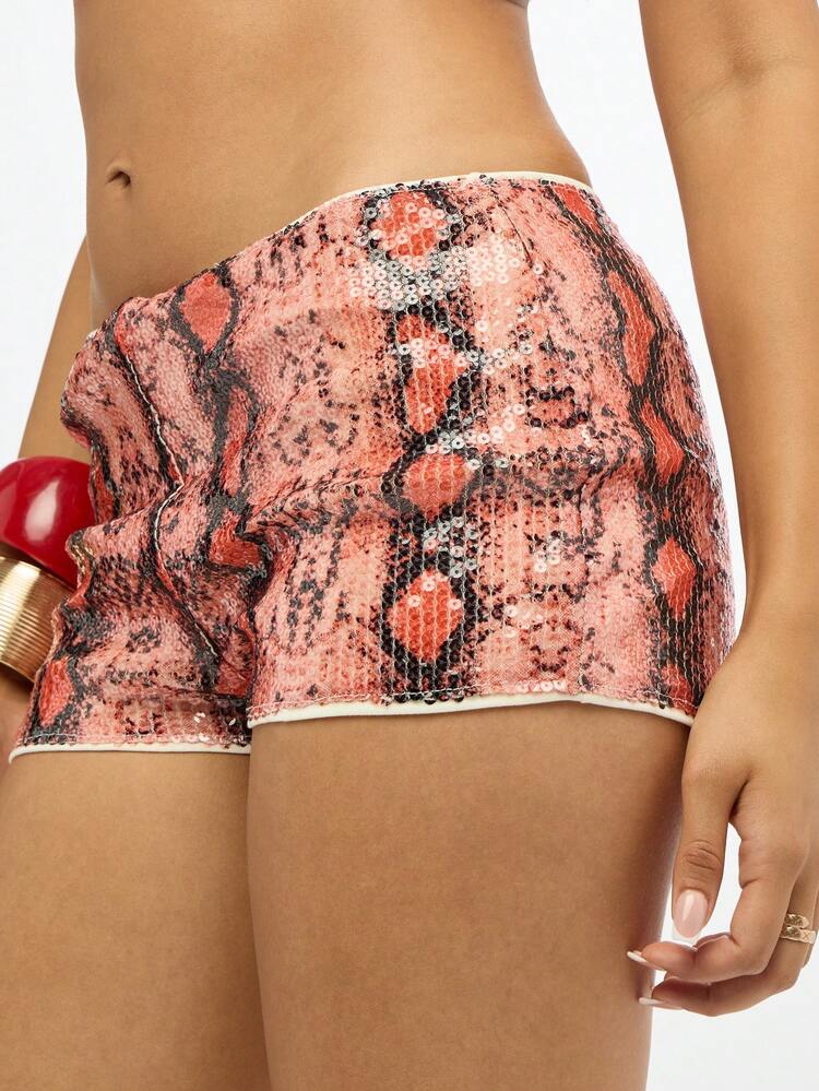 SUMWON WOMEN Snake Print Sequin Booty Shorts With Elastic Waistband