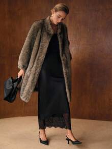 MOTF PREMIUM 中长款宽松仿皮草大衣，秋冬 - 摩卡棕 - 查看 5