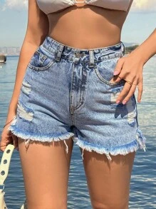 EURMUSE 100%Cotton Back Label Detailed Short With Destroy - Light Wash - View 4