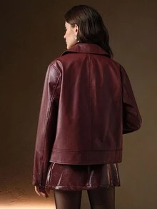 Anewsta Women's Solid Color Long Sleeve PU Leather Zipper Front Casual Motorcycle Jacket - Burgundy - View 3