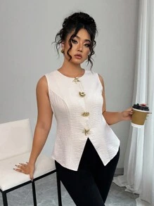 Elenzga Plus Size Summer Casual Commuter Metal Buckle Camisole - Apricot - View 6