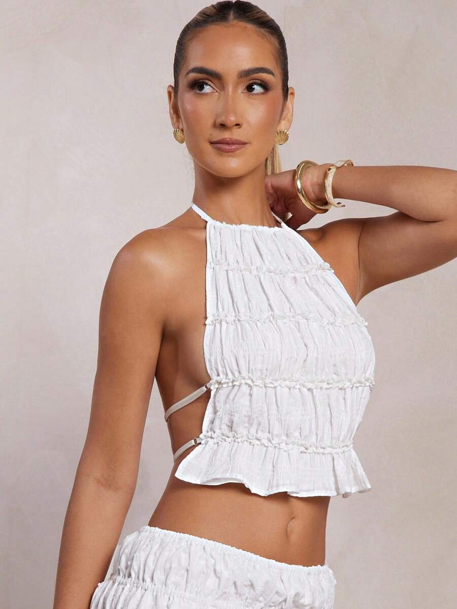 Áo hở lưng cổ yếm chấm bi Thụy Sĩ dành cho nữ - trắng - Xem 1