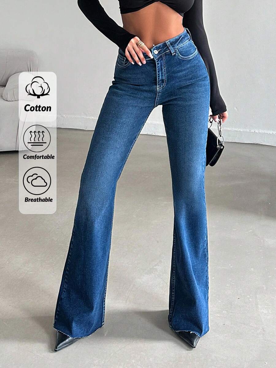 EURMUSE 99%Cotton High Waist Flare Leg Jeans - Dark Wash - View 1