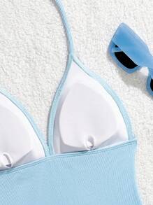 SHEIN Traje de baño de una pieza para adolescentes, bañador con rayas azules con decoración de estrella de mar y concha, con tirantes ajustables - Azul - Ver 5