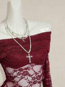 SHEIN ICON 女式酒红色蕾丝露肩性感紧身长袖半透明衬衫 - 酒紅色 - 查看 7