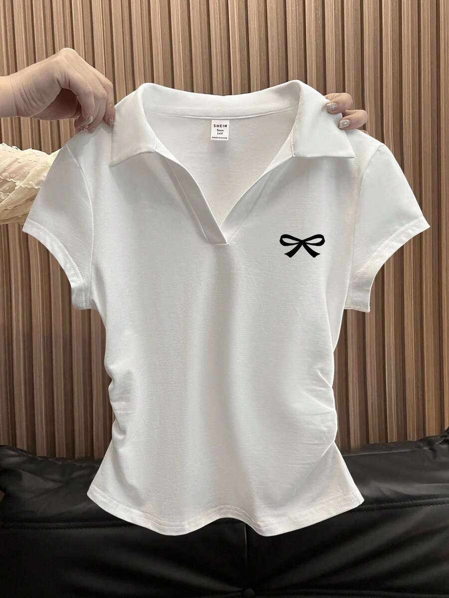 SHEIN Leap Crew Tricou polo cu mânecă scurtă, croit, culoare solidă, casual, cu fluture, pentru fete preadolescente - alb - Vizualizare 1