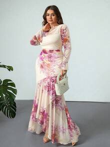 Firerie Plus Size Women's Asymmetrical Shoulder Long Sleeve Ruffle Sleeve Floral Print Fishtail Maxi Dress, Casual Vacation Party Dress, Spring/Autumn Floral Long Dress Flower Dress Woman Bohemian Dresses For Women Orchid Dress Resort Wear Women,Fall Clothes For Women