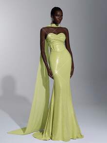 Elitara 优雅奢华的薰衣草色亮片 V 领褶皱紧身胸衣美人鱼下摆正式礼服，适合女士正式晚礼服 - 綠色 - 查看 7