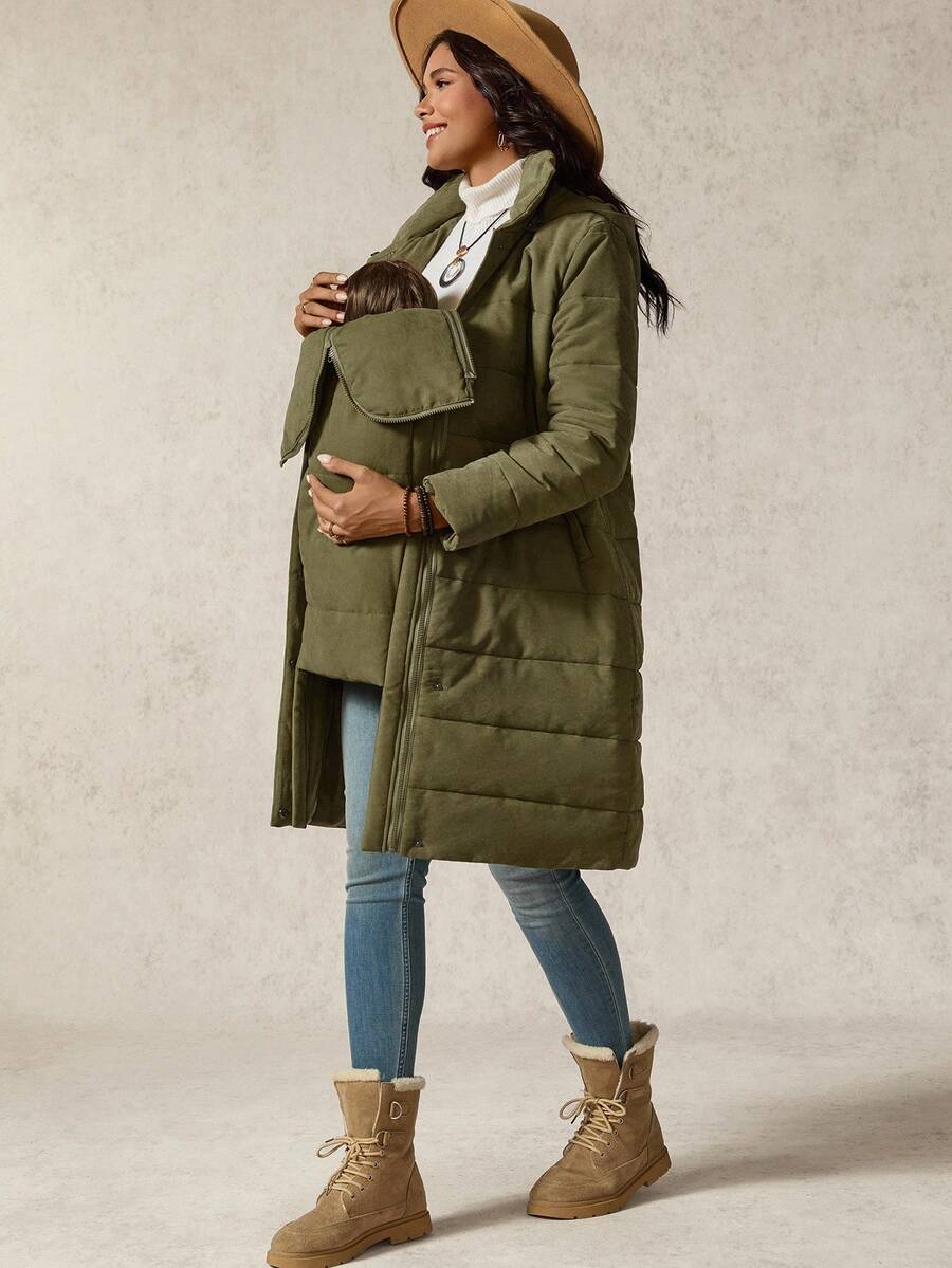 Boho Mama Maternity Solid Color Minimalist Everyday Multifunctional Long Sleeve 3-In-1 Jacket - Green - View 1