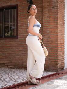 Melissa Matos 低腰撞色抽绳腰带阔腿轻盈针织裤仅限春夏季假期优雅海滩可爱机场海滩别墅机场假日秋季返校秋季冬季日常 - 奶油色 - 查看 5