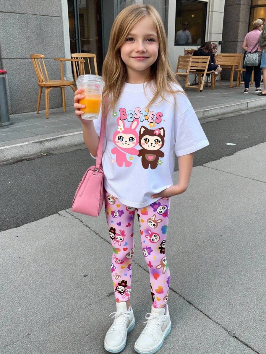 2pcs Girls Casual Cartoon Cute Colorful Rabbit Design Slogan Print Short Sleeve T-Shirt And Leggings Set, Back To School Outfit Tween Girl Shirt And Pants Girls Leggings Set Kids Tshirt And Leggings Set Tween Leggings Set Girls Graphic Tee And Leggings