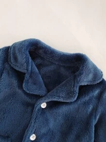 Bộ đồ ngủ nỉ 2 món cho bé trai, màu xanh hải quân trơn, áo khoác cardigan cổ bẻ tay dài và quần, đồ mặc nhà mùa thu/đông cho bé trai, bộ đồ ngủ cho bé trai, đồ ngủ màu xanh hải quân cho bé trai, đồ ngủ cho bé sơ sinh, đồ ngủ mùa thu cho bé trai. - Màu xanh lam - Xem 8