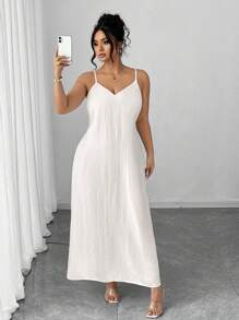 SHEIN PETITE CURVE Váy không tay màu trơn cỡ lớn dành cho nữ, mùa hè - Màu be - Xem 3