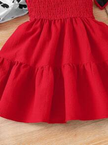 SHEIN 2 件/年轻女孩休闲搭配母女爱心印花泡泡袖衬衫和吊带连衣裙套装，适合情人节、日常休闲装和旅行度假装