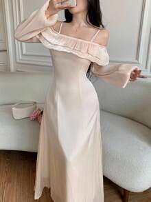 Modelyn Women's Glossy Fabric Double-Layer Asymmetric Neck Long Sleeve Dress, Autumn