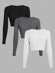 SHEIN EZwear 3 件套休闲简约 U 领长袖短款上衣 T 恤，百搭适合春秋季节 - 彩色 - 查看 2
