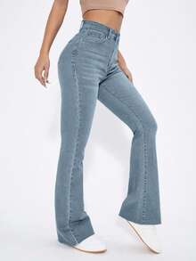 EURMUSE Women's Solid Color Minimalist Daily Wear High Waist Flare Jeans - Light Wash - View 5