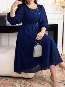 Modelyn Plus Size Rhinestone Color Block Waist Cinched Long Sleeve Dress - Navy Blue - View 6