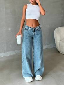 SHEIN PETITE 100%纯棉低腰毛边雪花洗阔腿牛仔裤