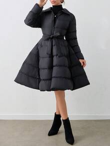 EURMUSE Women's Zip Up Belted A-Line Petite Winter Coat - Black - View 7