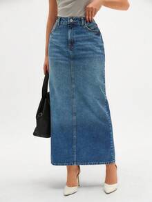 CLARA VERO Women's Pocketed Straight Loose Casual Long Denim Skirt - Dusty Blue - View 1