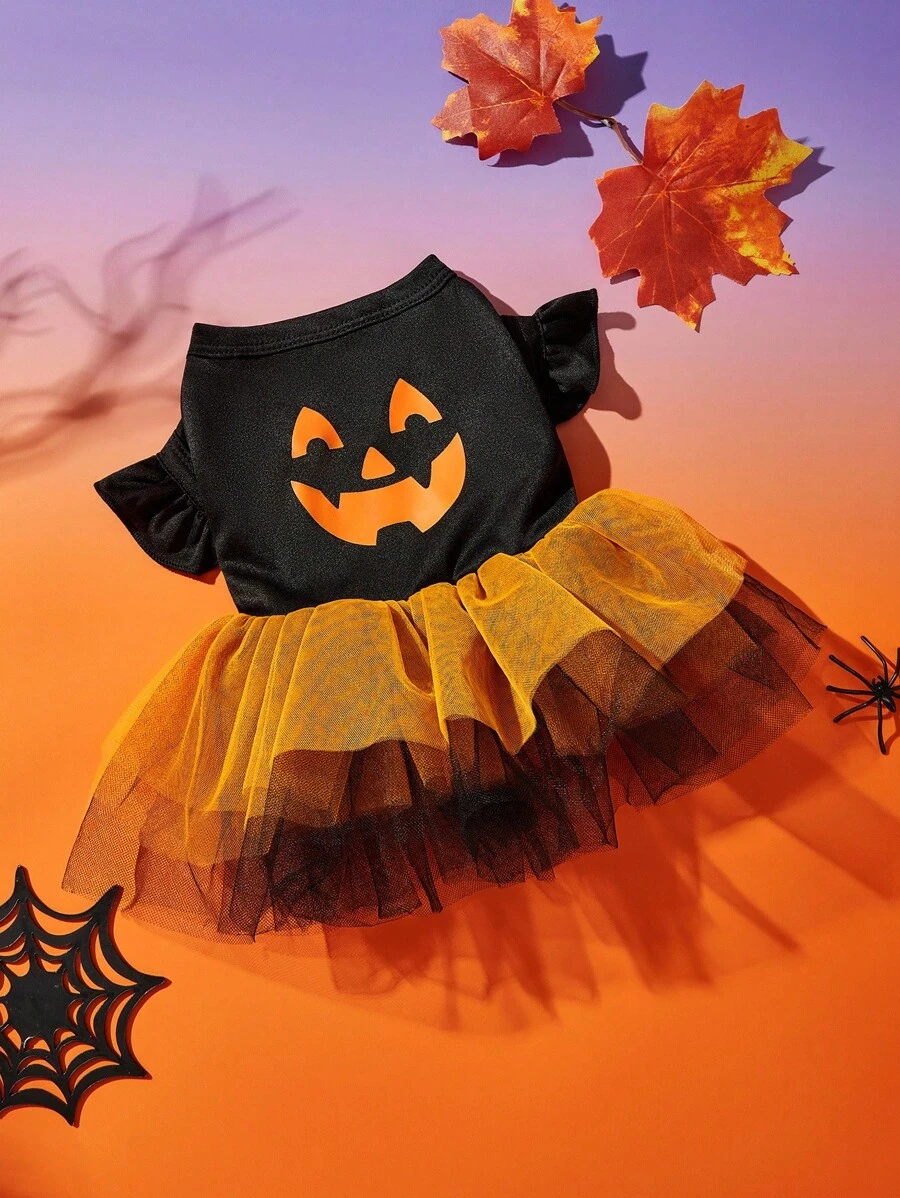 1 件猫狗通用卡通表情印花橙色蓬松薄纱连衣裙，可爱的万圣节宠物连衣裙，适合万圣节派对，PETSIN 原创设计 - 彩色 - 查看 1