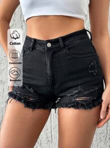 EURMUSE 98%Cotton Elastic, Hem Frayed Detailed Short - Black - View 1