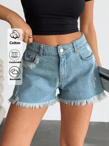 EURMUSE Low Waist Ripped Snow Wash Denim Short - Medium Wash - View 1