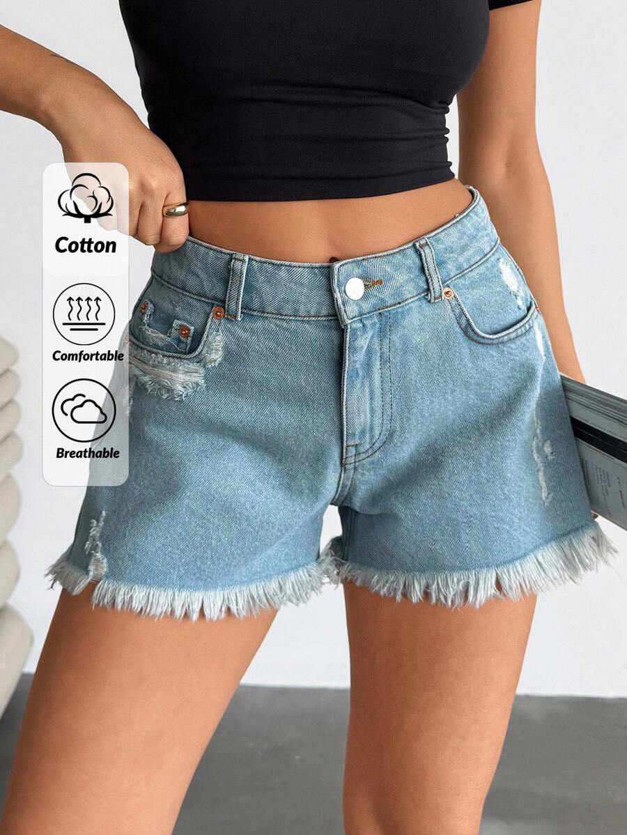 EURMUSE Low Waist Ripped Snow Wash Denim Short - Medium Wash - View 1