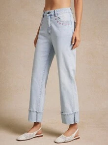 High Rise Bow Embroidered Cuff Slim Straight Denim Jeans Summer Vacation Country Concert - Light Wash - View 7