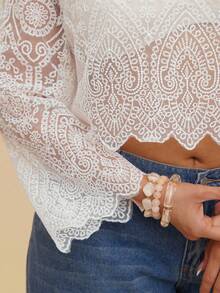 SHEIN VCAY Plus Size White Summer Boho Tea Party Mesh Embroidered Round Neck Long Sleeve Cropped Women Top Lace Blouse Sheer Civil Wedding Vacay Tops - White - View 7