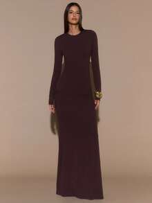 SHEIN BAE 纯棕色长袖性感露背修身优雅加长美人鱼连衣裙，优雅连衣裙，秋冬加长针织连衣裙衬里 - 棕色 - 查看 2