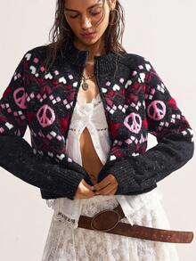 Bohemela Cárdigan con cremallera y mangas raglán con patrón geométrico para mujer en otoño/invierno - Negro - Ver 6