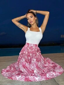 Manon Tanti 女士松紧腰宽松波西米亚风度假印花长裙 - 玫紅色 - 查看 5