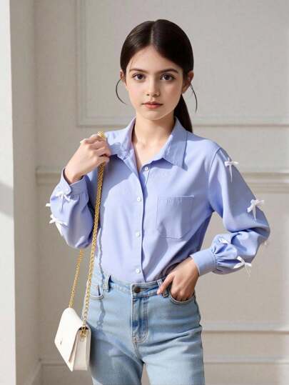 Camisa suelta con manga larga y decoración de lazo en estilo casual y color marino para niña preadolescente, temporada de vuelta al colegio